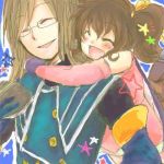  1girl anise_tatlin blush brown_hair glasses gloves hug hug_from_behind jade_curtiss long_hair lowres smile tales_of_(series) tales_of_the_abyss twintails 