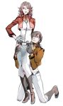  1girl allelujah_haptism belt boots brown_hair chirol couple gloves gundam gundam_00 highres jacket lipstick red_eyes skirt sumeragi_lee_noriega 