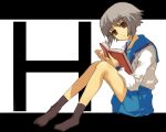  book brown_eyes nagato_yuki school_uniform short_hair silver_hair skirt socks suzumiya_haruhi_no_yuuutsu 