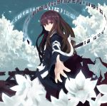  brown_hair cloud dress flower glyph govurin gradient_hair hijiri_byakuren long_hair lotus magic multicolored_hair outstretched_arm outstretched_hand purple_hair scroll sky smile solo touhou 