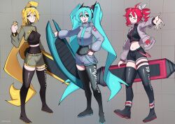  3girls absurdres ahoge akita_neru alternate_costume black_boots black_shorts black_thighhighs blinking blonde_hair blue_eyes blue_hair boots braid breasts cellphone covered_navel flip_phone grey_background grey_jacket hatsune_miku headset high_side_ponytail highres holding holding_phone hoverboard huge_ahoge jacket kasane_teto ksayyn long_hair long_sleeves looking_at_viewer medium_breasts multiple_girls navel open_clothes open_hand open_jacket open_mouth phone pleated_shorts red_eyes red_hair short_hair short_shorts shorts sonic_(series) sonic_riders sonic_riders_(series) thigh-highs thighs triple_baka_(vocaloid) twin_braids twintails utau vocaloid yellow_eyes 
