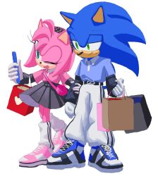  1boy 1girl 3i8akira :d alternate_costume amy_rose animal_ears animal_nose bag black_arm_warmers black_hairband black_skirt blue_fur blue_shirt blue_shoes collared_shirt full_body furry furry_female furry_male gloves green_eyes hairband hedgehog_boy hedgehog_girl highres holding holding_bag holding_phone leg_warmers looking_at_another one_eye_closed open_mouth pants phone pink_fur pink_hair pink_shirt pink_shoes shirt shoes short_tail simple_background skirt smile sneakers sonic_(series) sonic_the_hedgehog standing sweatdrop tail white_background white_gloves white_leg_warmers white_pants 