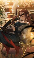  bare_shoulders black-framed_eyewear braid breasts brown_eyes brown_hair candlelight chair commentary cross-laced_clothes cross-laced_dress cup dress drink earrings fate/grand_order fate_(series) finger_to_own_chin fire glasses hair_tie head_tilt holding holding_magazine indoors jewelry long_hair magazine_(object) medium_breasts mug multiple_earrings no_shoes off-shoulder_dress off_shoulder official_art pantyhose parted_lips pinstripe_dress pinstripe_pattern plant potted_plant red_pantyhose revision ring shawl sidelocks single_braid sitting steam third-party_source very_long_hair white_shawl yoneyama_mai yu_mei-ren_(beautiful_dreamer)_(fate) yu_mei-ren_(fate) 