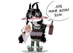  1girl bags_under_eyes bandaid_on_chest beer_bottle black_horns black_nails black_thighhighs black_vest bottle braid character_request dakimakura_(object) drooling drunk dynamite elf elfinpsyop english_commentary explosive fotokoon green_eyes green_hair green_thighhighs grey_shirt highres holding holding_bottle horns indie_virtual_youtuber long_hair multicolored_hair pillow pointy_ears saliva shirt slippers solo speech_bubble standing streaked_hair striped_clothes striped_thighhighs thigh-highs translation_request twin_braids vest virtual_youtuber 