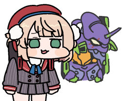  1girl :d beret blonde_hair blunt_bangs chibi commentary eva_01 green_eyes hat indie_virtual_youtuber jazz_jack neon_genesis_evangelion open_mouth pleated_skirt school_uniform serafuku shigure_ui_(vtuber) short_hair simple_background skirt smile solo virtual_youtuber white_background 
