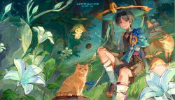  1boy anemo_symbol_(genshin_impact) aqua_gemstone aqua_kimono aqua_sleeves aranara_(genshin_impact) arm_at_side arm_support belt black_belt black_bodysuit black_hair black_leggings black_sand black_shorts blue_cape blue_flower blue_hat blunt_ends bodysuit bush canopy_(forest) cape closed_mouth commission creature diffraction_spikes eyeliner eyeshadow feathers flower forest fox genshin_impact gold green_flower hakama hakama_shorts han'eri hand_on_own_knee hat highres japanese_clothes jingasa kimono knee_up layered_kimono layered_sleeves leaf leg_warmers leggings lic_617 log looking_at_viewer makeup male_focus mandarin_collar nature open_clothes open_kimono orange_cat outdoors pleated_shorts pom_pom_(clothes) purple_rope purple_sash red_eyeliner red_eyeshadow rock rope sandals sash scaramouche_(genshin_impact) short_sleeves shorts shoulder_peek sitting smile tassel toeless_legwear tree tsurime violet_eyes vision_(genshin_impact) wanderer_(genshin_impact) watermark white_flower white_kimono white_leg_warmers white_sleeves white_trim yellow_feathers zouri 