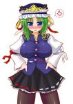  blush breasts erect_nipples green_hair hat huge_breasts pantyhose ribbon ribbons shikieiki_yamaxanadu short_hair skirt touhou 