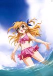  bikini_skirt blonde_hair heterochromia highres kanna_(plum) mahou_shoujo_lyrical_nanoha mahou_shoujo_lyrical_nanoha_strikers plum_(artist) swimsuit twintails vivio water 