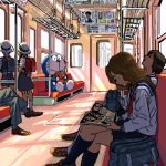  bag doraemon doraemon_(character) lowres oekaki randoseru reading school_uniform train train_interior ug 