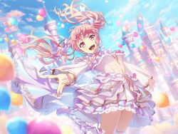  1girl :d balloon bang_dream! castle clouds cloudy_sky cross-laced_shoes detached_sleeves dress dutch_angle earrings floating_hair frilled_dress frills gem gold_trim hair_ribbon jewelry lace_sleeves layered_dress leg_lift looking_at_viewer maruyama_aya official_art open_mouth outdoors outstretched_hand over-kneehighs overskirt pearl_(gemstone) pink_eyes pink_hair ribbon sky smile solo teeth thigh-highs third-party_source too_many_balloons twintails upper_teeth_only 