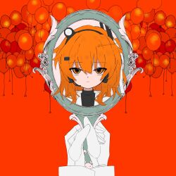  1girl a.i._voice adachi_rei apricot_(vocaloid) balloon hand_mirror headlamp headset highres holding holding_mirror kuuurusuke looking_at_another mirror orange_eyes orange_hair pov pov_hands red_background through_medium through_mirror too_many_balloons utau 