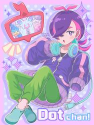  1girl blush closed_eyes colored_skin dot_(pokemon) furry green_pants hammer headphones highres holding holding_hammer jacket long_hair long_sleeves mascot_costume multicolored_hair nidothing one_eye_closed open_mouth pants pink_hair pink_skin pokemon pokemon_(anime) pokemon_(creature) pokemon_horizons ponytail purple_hair quaxwell runachikku shirt sleeves_past_wrists smile tinkatuff violet_eyes 