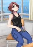  blue_jeans chair gun jeans minarai muvluv pink_eyes short_hair sitting tank_top weapon 