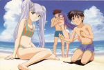  bare_shoulders beach bikini breasts erect_nipples hoshino_ruri hug kidou_senkan_nadesico lotion martian_successor_nadesico misumaru_yurika ocean reference_work sitting swimsuit tenkawa_akito twintails wariza 