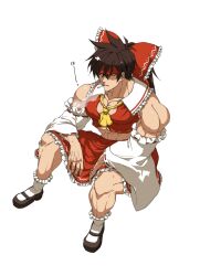  1boy abs bow brown_hair cosplay ebi_pri_shrimp guilty_gear hair_bow hakurei_reimu hakurei_reimu_(cosplay) high_ponytail highres long_hair muscular muscular_male nontraditional_miko ponytail red_bow red_shirt red_skirt shirt simple_background sitting skirt smoking sol_badguy solo touhou white_background 