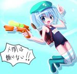 cat_teaser hat kawashiro_nitori one-piece_swimsuit rubber_boots school_swimsuit socks striped striped_legwear striped_thighhighs swimsuit thigh-highs thighhighs thumbs_up touhou translated water_gun 