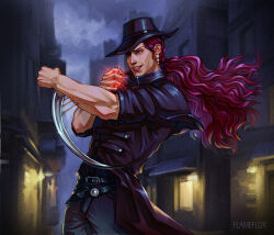  absurdres bare_arms belt black_coat black_hat character_name coat earrings fangs flameflux floating_hair full_body gem glowing gold_earrings hat highres jewelry jojo_no_kimyou_na_bouken kars_(jojo) knife long_hair male_focus muscular night night_sky outdoors pale_skin ponytail portrait purple_hair red_eyes road shiny_clothes sky smile solo street very_long_hair wavy_hair 