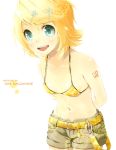  bikini_top blonde_hair blue_eyes kagamine_rin kamuka midriff navel short_hair shorts smile solo vocaloid 