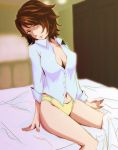  bed bed_sheet bottomless brown_hair gundam gundam_00 panties sheets shin_ha short_hair sumeragi_lee_noriega underwear yellow_eyes 