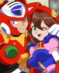  1boy 1girl android armor belt beret blue_eyes blush breasts brown_hair chest_jewel clenched_hand dress forehead_jewel gloves green_eyes hair_between_eyes hand_on_another's_shoulder hat helmet iris_(mega_man) long_hair looking_at_viewer low-tied_long_hair medium_breasts mega_man_(series) mega_man_x_(series) miralie4th multicolored_dress one_eye_closed open_mouth ponytail red_hat robot robot_ears smile very_long_hair white_gloves zero_(mega_man) 