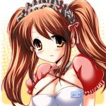  blush breasts brown_eyes brown_hair cleavage large_breasts suzumiya_haruhi_no_yuuutsu tears twintails waitress 