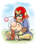  between_legs boots brown_hair captain_falcon f-zero gloves grin helmet hug hug_from_behind koma_(side) leaf lowres multiple_boys nintendo nose olimar pikmin pikmin_(creature) pointy_ears scarf sitting smile spacesuit super_smash_bros. 