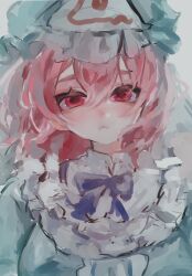  blue_bow blue_dress bow breasts collar dress frilled_collar frills grey_background hair_between_eyes haniwa_kue hat highres light_blush medium_hair mob_cap pink_eyes pink_hair saigyouji_yuyuko simple_background touhou triangular_headpiece upper_body veil 