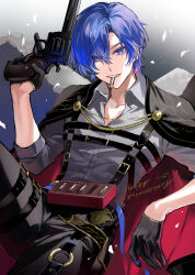  1boy ammunition_box anniversary belt black_coat black_gloves black_pants blue_eyes blue_hair blue_ribbon bullet bullet_in_mouth chest_harness coat coat_on_shoulders collarbone commentary_request cowboy_shot earrings elbow_rest gloves grey_shirt grin gun hair_between_eyes half_gloves hand_up handgun happy_anniversary harness highres holding holding_gun holding_weapon jewelry kaito_(vocaloid) knee_up looking_at_viewer lying male_focus mixed-language_commentary mouth_hold never_give_up_cooking!_(project_sekai) o-ring o-ring_thigh_strap official_alternate_costume official_alternate_hairstyle on_back pants parted_hair poppoman project_sekai red_coat revolver ribbon shirt short_hair sidelocks sleeves_rolled_up smile solo teeth teeth_hold thigh_belt thigh_strap triangle_earrings two-sided_fabric vivid_bad_squad_kaito vocaloid weapon 