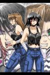  angry ayamine_kei bandage bandages black_hair blood brown_hair choker glasses green_eyes jeans long_hair midriff minarai multiple_girls muvluv purple_eyes sakaki_chizuru scratches short_hair tank_top torn_clothes 