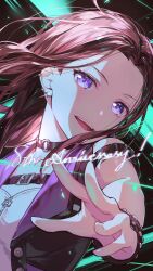  1girl :d absurdres bang_dream! black_vest brown_hair buckle collar collarbone earrings floating_hair head_tilt highres jewelry long_hair looking_at_viewer mochipuyo_(canvas_mochi) open_clothes open_vest purple_vest smile solo sparkle two-tone_vest upper_body vest violet_eyes wakana_rei zipper 