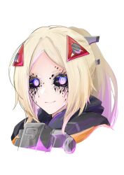  1girl black_sclera blonde_hair colored_sclera glowing hair_ornament highres keiosu4 long_hair multicolored_eyes no_blindfold parted_bangs ponytail portrait smile solo trigger_(zenless_zone_zero) zenless_zone_zero 