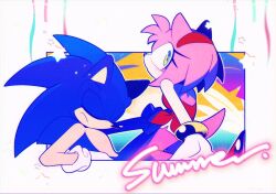  1boy 1girl amy_rose animal_ears animal_nose blue_fur border bracelet closed_eyes dress furry furry_female furry_male gold_bracelet green_eyes hairband hedgehog_boy hedgehog_girl jewelry looking_at_viewer pink_fur pink_hair red_dress red_hairband short_tail simple_background sitting sonic_(series) sonic_the_hedgehog star_(symbol) tail upper_body weon1119 white_border 