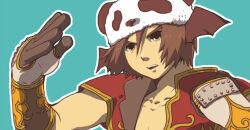  1boy bad_id black_gloves blue_background brown_eyes brown_hair brown_wings champion_(ragnarok_online) coat gloves gold_trim head_wings lala_(sputnik) looking_at_viewer male_focus open_mouth panda_hat ragnarok_online red_coat short_hair simple_background solo two-tone_gloves upper_body white_gloves wings 