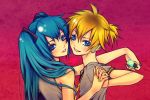  blonde_hair blue_eyes blue_hair digital_media_player hand_holding hatsune_miku holding_hands ipod kagamine_len long_hair nail_polish nayu short_hair vocaloid 