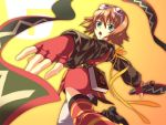  akiyoshi_haru asymmetrical_clothes book brown_hair fingerless_gloves foreshortening gloves goggles green_eyes looking_back one_thighhigh rita_mordio scroll short_hair single_thighhigh tales_of_(series) tales_of_vesperia thighhighs yellow_background 