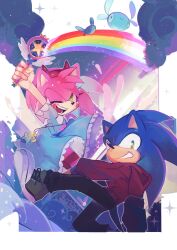  1boy 1girl :d amy_rose animal_nose aqua_dress black_pants blue_fur border cosplay demon_horns dress fake_horns full_body furry furry_female furry_male green_eyes grey_shoes hairband heart_cheeks hedgehog_boy hedgehog_girl highres hood hoodie horned_headwear horns looking_at_viewer marco_diaz marco_diaz_(cosplay) one_eye_closed open_mouth pants pink_fur red_hairband red_hoodie shoes short_tail smile sonic_(series) sonic_the_hedgehog standing star-shaped_box star_butterfly star_butterfly_(cosplay) star_vs_the_forces_of_evil tail wand weon1119 white_border 