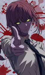  1girl absurdres aiming aiming_at_viewer black_necktie blood blood_splatter braid braided_ponytail chainsaw_man closed_mouth collared_shirt commentary_request finger_gun formal_clothes hair_between_eyes highres long_hair long_sleeves looking_at_viewer makima_(chainsaw_man) necktie office_lady outstretched_arm pointing pointing_at_viewer red_hair ringed_eyes shirt sidelocks smile solo straight-on upper_body venom001112222 white_shirt yellow_eyes 