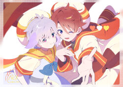  2boys ahoge animal_ears antenna_hair bare_arms beret black_shirt blue_bow blue_bowtie blue_coat bow bowtie buttons closed_mouth coat commentary_request cowboy_shot daifuku_(precure) dot_nose eyes_visible_through_hair floating_clothes grey_hair grid_border hair_between_eyes hand_on_own_chest hat heart horizontal-striped_sleeve_cuffs light_blush light_particles long_sleeves lop_rabbit_ears magical_boy male_focus multiple_boys offering_hand one_eye_closed open_clothes open_coat open_mouth orange_sailor_collar orange_sleeve_cuffs outstretched_arm palms paru_rari pink_eyes precure rabbit_ears robe sailor_collar shirt short_sleeves signature single_stripe smile tareme toyama_satoru twitter_username violet_eyes white_background white_hat white_robe wonderful_precure! yellow_sailor_collar 