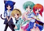  billhook blonde_hair blue_eyes blue_hair cat_ears cat_tail collar dog_collar furude_rika green_eyes green_hair hairband highres higurashi_no_naku_koro_ni houjou_satoko jpeg_artifacts long_hair orange_hair ponytail purple_eyes red_eyes ryuuguu_rena sailor_dress school_uniform short_hair sonozaki_mion suspenders tail thigh-highs thighhighs violet_eyes zettai_ryouiki 