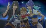 blue_hair breasts gloves judith karol_capel midriff pipe pointy_ears red_eyes repede smile smoking tales_of_vesperia xbox yuri_lowell 