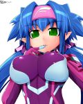  blue_hair bodysuit breast_squeeze breasts finger_to_mouth green_eyes headband klan_klein large_breasts long_hair macross macross_frontier pointy_ears potion_(artist) potion_(moudamepo) skin_tight solo twintails very_long_hair 