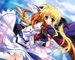  blue_eyes brown_hair cape fate_testarossa highres kanna_(plum) long_hair mahou_shoujo_lyrical_nanoha mahou_shoujo_lyrical_nanoha_a&#039;s mahou_shoujo_lyrical_nanoha_a's plum_(artist) red_eyes takamachi_nanoha thigh-highs thighhighs twintails 