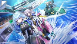  4girls asakawa_kanata blue_eyes blue_hair bodysuit braid breasts checkered_flag cosplay crowd crown_braid diving_suit dolphin_wave flag game_cg highres highspeed_etoile holding holding_water_gun jet_ski large_breasts long_hair motion_lines multiple_girls nayuki_hiori non-web_source ocean ootomo_takuji purple_hair racetrack racing racing_suit schnee_weissberg small_breasts water water_gun watercraft wetsuit 