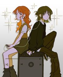  +_+ 2girls :| amplifier back-to-back baggy_pants baggy_socks black_nails black_socks black_sweater blunt_ends blush breasts brown_eyes brown_sweater_vest cellphone closed_mouth commentary ear_piercing earphones earrings english_commentary fast_forward_button feet_out_of_frame grey_background hair_bun highres holding holding_phone hoop_earrings jewelry kininatteru_hito_ga_otoko_ja_nakatta kiwibnui knee_up koga_mitsuki long_hair long_sleeves looking_at_viewer media_player_interface miniskirt mole mole_under_eye multiple_girls multiple_rings oosawa_aya orange_hair pants pause_button phone piercing progress_bar rewind_button ring shared_earphones shirt short_hair short_sleeves shuffle_button single_hair_bun sitting sitting_on_object skirt small_breasts smartphone socks sparkle sweater sweater_vest wavy_hair white_shirt 