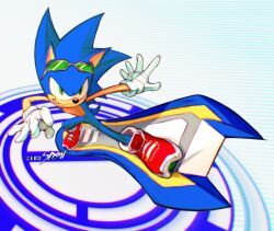 1boy absurdres blue_background blue_fur eyewear_on_head full_body furry furry_male green-tinted_eyewear green_eyes highres hoverboard male_focus simple_background solo sonic_(series) sonic_riders sonic_riders_(series) sonic_the_hedgehog sonic_the_hedgehog_(riders) striped_background sunglasses tinted_eyewear white_background zero_setsu