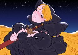  1girl aatom87 blonde_hair closed_eyes commentary detached_hood dress dungeon_meshi frown fur-trimmed_dress fur_trim glint holding holding_sword holding_weapon long_hair marcille_donato marcille_donato_(lord) red_nails sheath sheathed sky sleeves_past_wrists solo star_(sky) starry_sky sword symbol-only_commentary tears upper_body very_long_hair weapon 