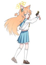  1girl absurdres animal_ear_fluff animal_ears blue_archive blue_eyes blue_sailor_collar blue_skirt bow bowtie brown_shoes cat_ears cat_girl closed_mouth desert_eagle extra_ears flower from_side gun hair_between_eyes hair_flower hair_ornament handgun highres holding holding_gun holding_weapon je_o_mo kneehighs long_hair mari_(blue_archive) one_eye_closed orange_hair ponytail sailor_collar shirt shoes short_ponytail sidelocks skirt socks weapon white_flower white_shirt white_socks yellow_bow yellow_bowtie 