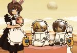  animal_ears apron astronaut blonde_hair brown_hair bunny_ears cake crater cup food green_eyes hagiwara_yukiho hoshii_miki idolmaster maid moon onigiri pantyhose pastry rabbit_ears riyo riyo_(lyomsnpmp) short_hair spacesuit table tea teapot 