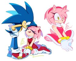  1boy 1girl :d amy_rose animal_ears animal_nose blue_fur blush bracelet closed_eyes dress full_body furry furry_female furry_male gloves gold_bracelet green_eyes hairband hedgehog_girl jewelry looking_at_another looking_down multiple_views open_mouth pink_fur pink_hair red_dress red_hairband red_shoes shoes short_tail simple_background smile sonic_(series) sonic_the_hedgehog standing tail upper_body weon1119 white_background white_gloves 