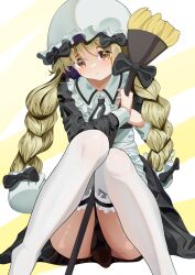  3577m blonde_hair blush braid broom frilled_thighhighs frills highres holding holding_broom long_hair magical_girl mahou_shoujo_ikusei_keikaku mahou_shoujo_ikusei_keikaku_restart maid maid_headdress nokko-chan shy sitting thigh-highs twin_braids wariza white_thighhighs yellow_eyes 